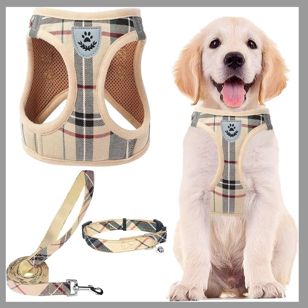 Plaid Dog PUPPY Harness Set - Cream and Tan XXS